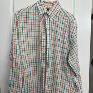 Southern marsh long sleeve button down teal and orange checkered